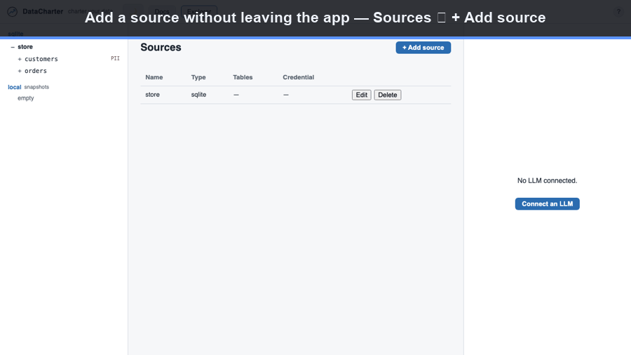 Add a CSV source from the Sources panel; it joins the sidebar catalog